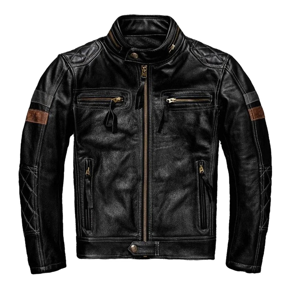 100% Genuine Men's Quilted Leather  Motorcycle Jacket - Bikers Leather Jacket