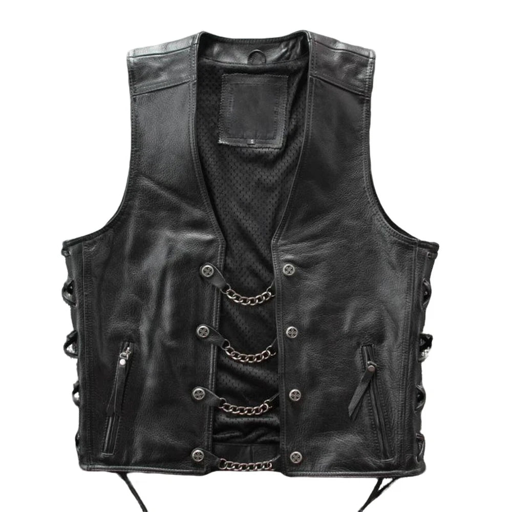 100% Genuine Men's Real Leather Bikers Vest With Chains | Bikers Leather Vest