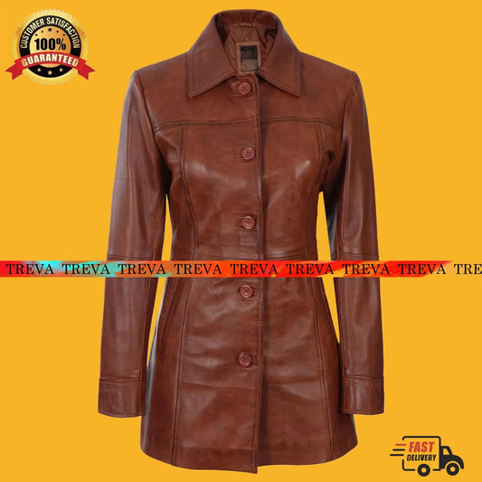 LONG COWHIDE LEATHER COAT –STYLISH & DURABLE FASHION WEAR – PERFECT GIFT FOR HER
