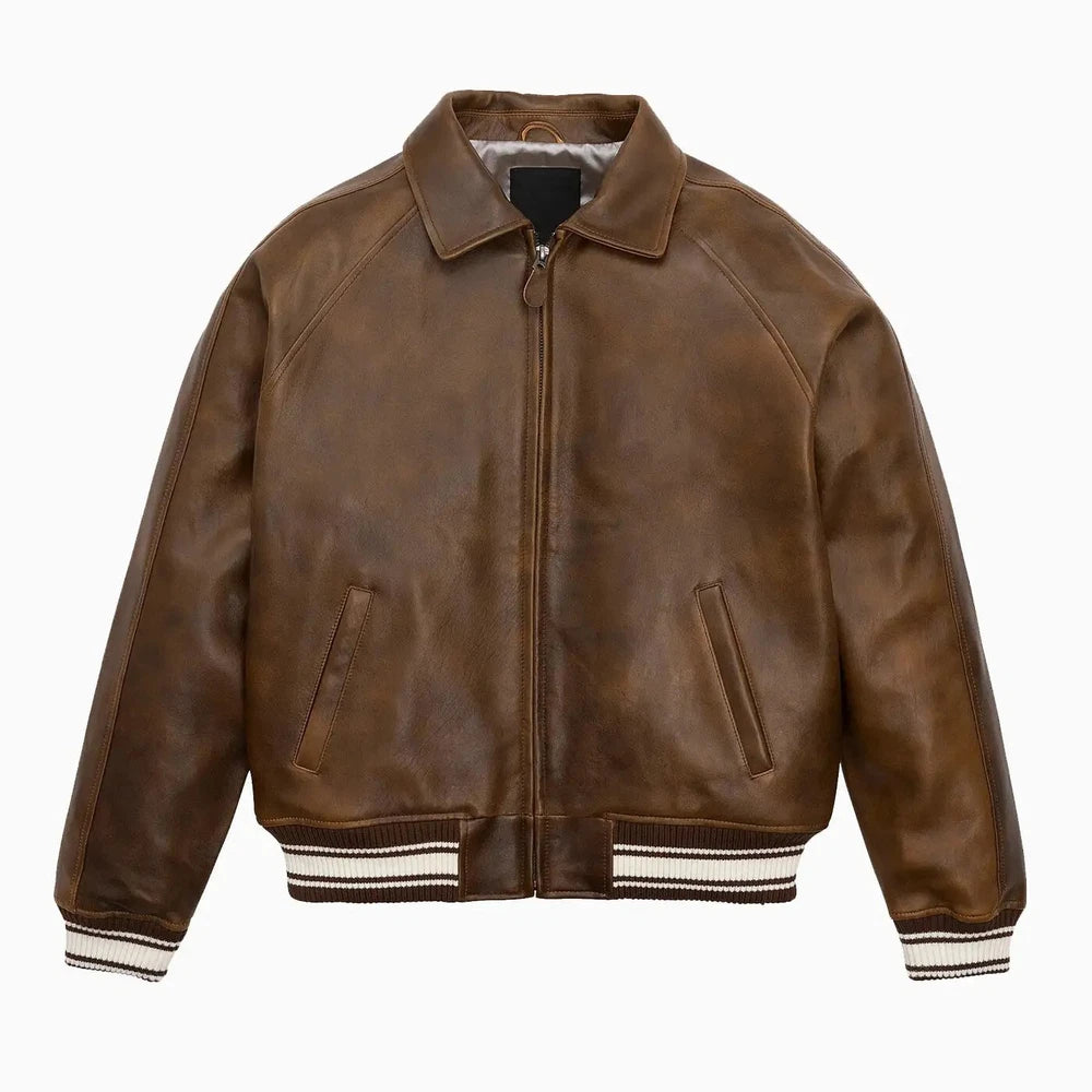 Men's Real Leather Bomber Jacket American Flight Bomber Leather Jacket