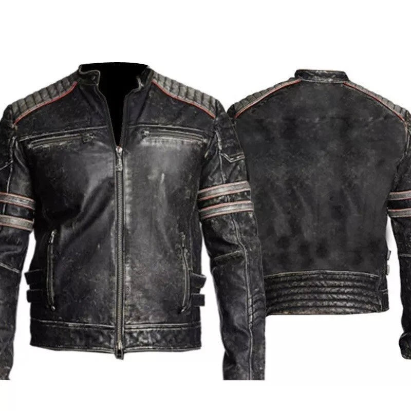 Retro 1, Men's Vintage Motorcycle Cafe Racer Biker Black Real Leather Jacket