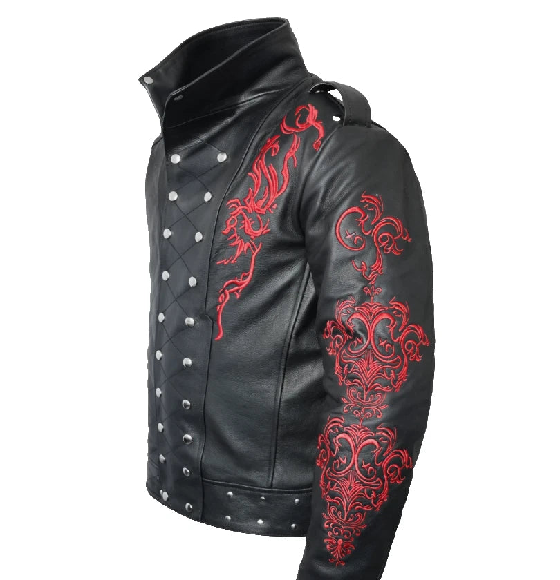 Premium Black Leather Jacket with Red Embroidery – Gothic Military Biker Jacket