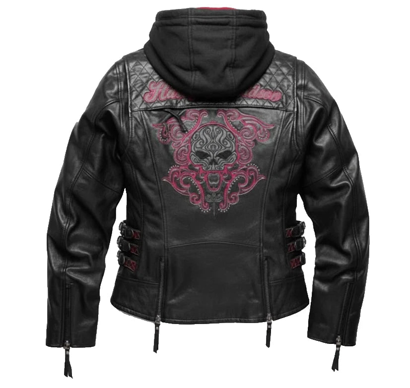WoMen's Genuine Cowhide Leather Biker Hoodie | Handmade Skull Embroidery Coat  - Recreated