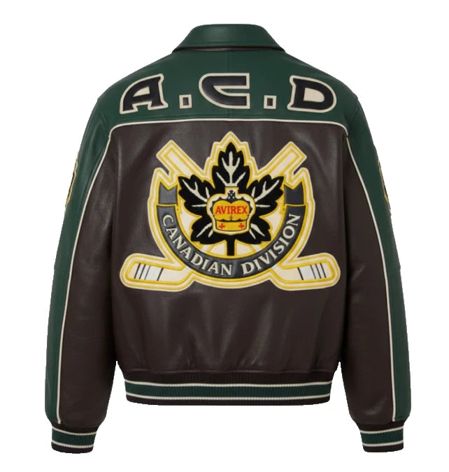 Premium Moto-Leather Jacket – Hockey Division - Green & Brown - Retro Streetwear