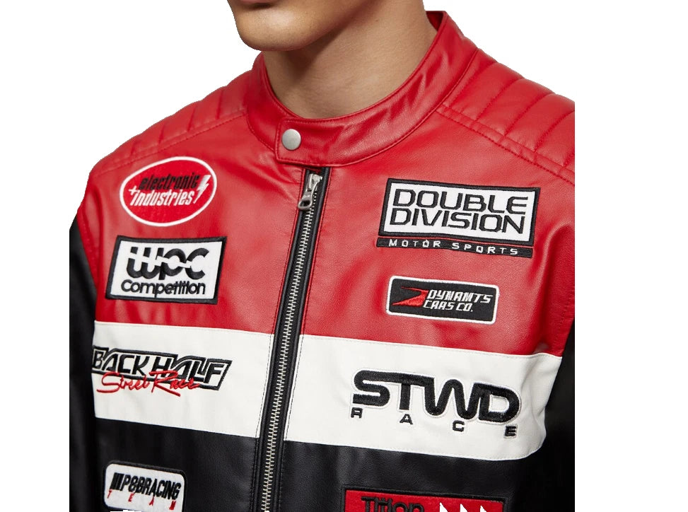 Men's Racing Style Leather Jacket | Moto Biker Retro Cafe Racer | Fashionwear