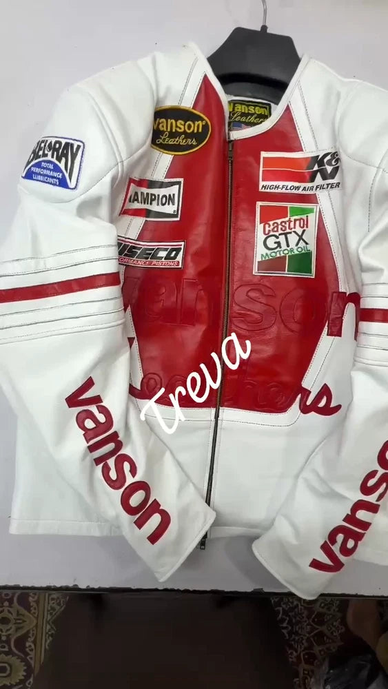Handmade Vintage Racing Motorcycle Jacket – Red Star | White/Red Cowhide Leather