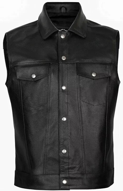 Men's Black/Brown Genuine Leather Motorbike Vest | Men's Motorcycle Club Vest