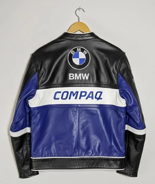 VTG 90s Y2K Biker Motorcycle Racing Leather Jacket Blue Black Color Block Street