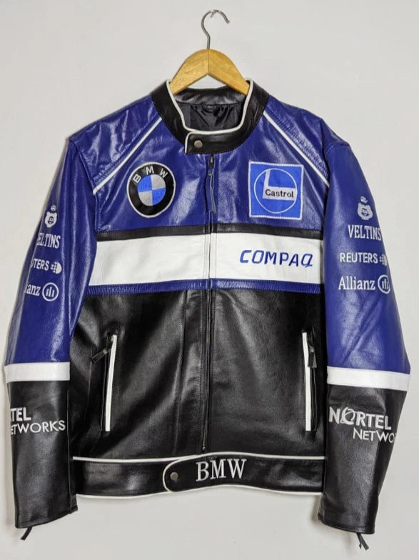 VTG 90s Y2K Biker Motorcycle Racing Leather Jacket Blue Black Color Block Street