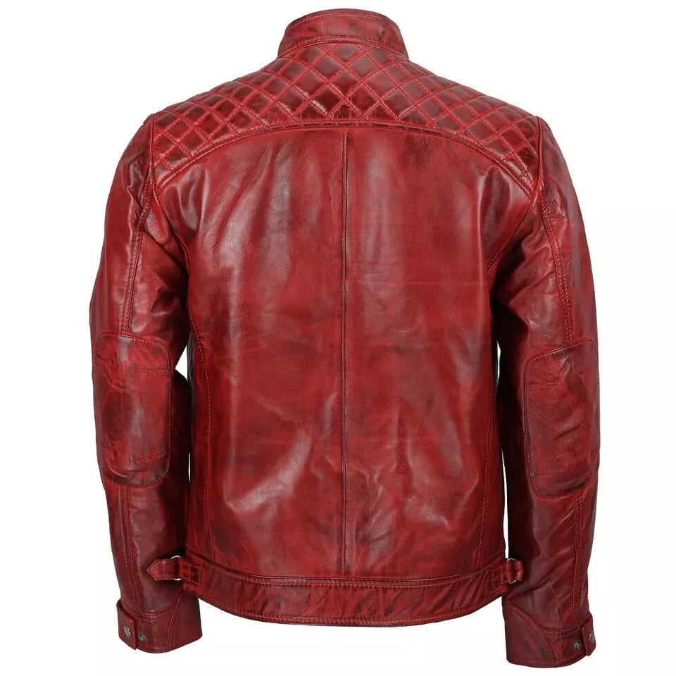 Men's Vintage Style Burgundy Red Leather Jacket | Men's Diamond Quilted Jacket