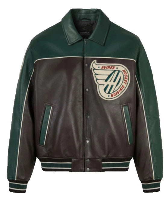 Premium Moto-Leather Jacket – Hockey Division - Green & Brown - Retro Streetwear