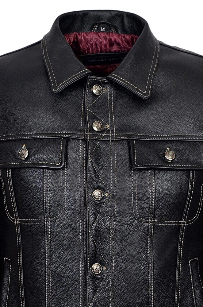 MEN'S TRUCKER LEATHER JACKET - BLACK CLASSIC SHIRT STYLE WESTERN COWHIDE LEATHER