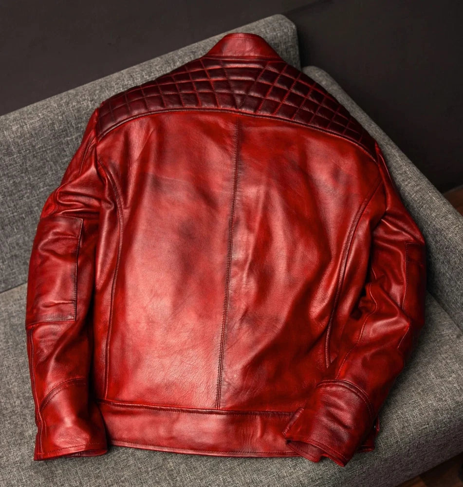 Men's Vintage Style Burgundy Red Leather Jacket | Men's Diamond Quilted Jacket