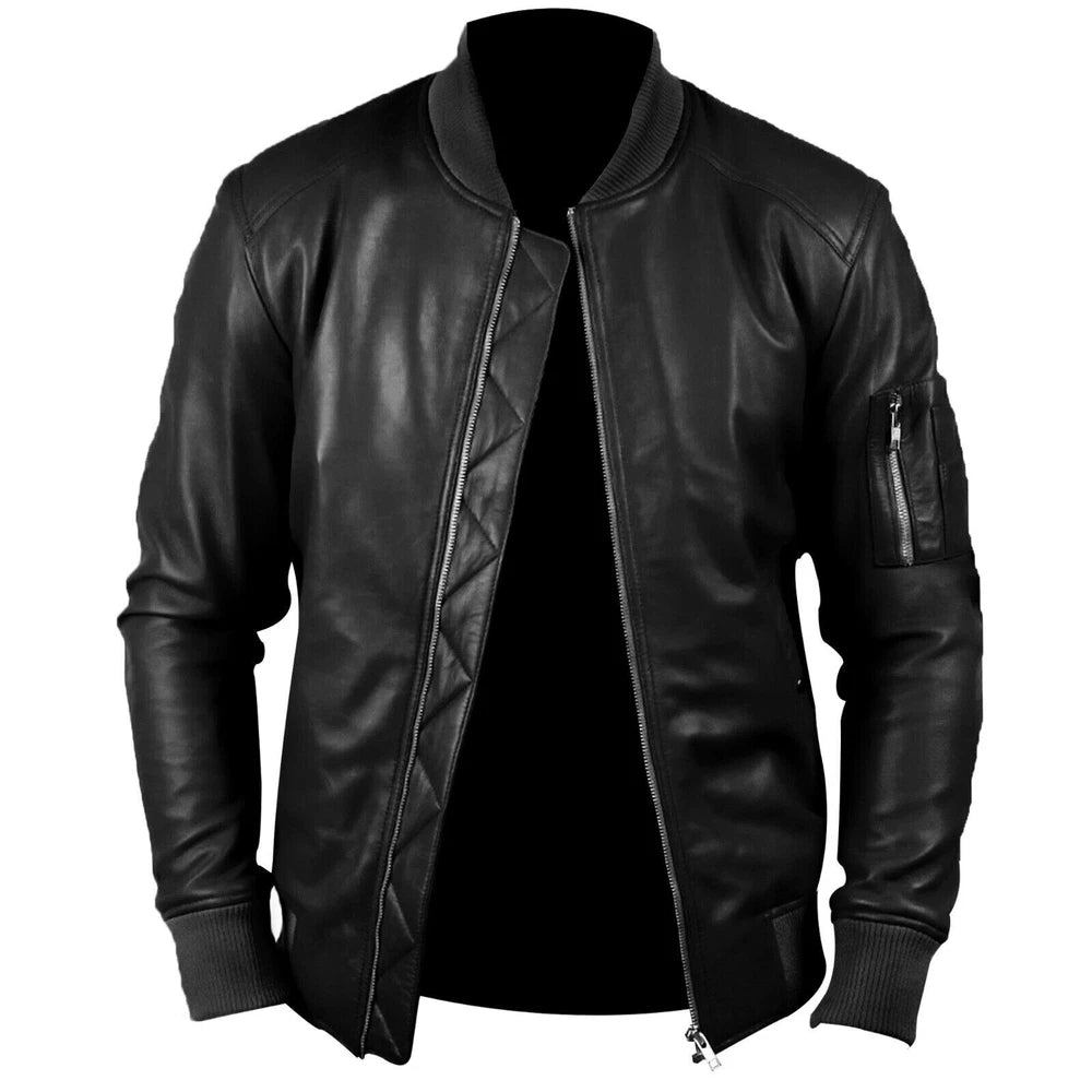 Men's Soft Leather Vintage Bomber Jacket Biker Style Black Fashion Jacket