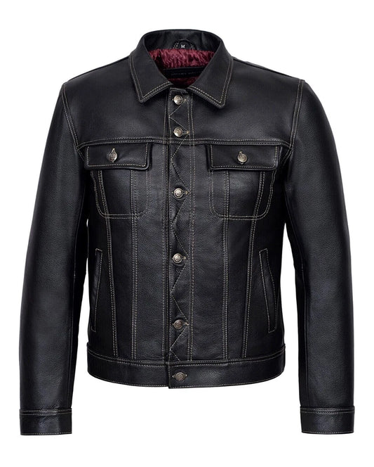 MEN'S TRUCKER LEATHER JACKET - BLACK CLASSIC SHIRT STYLE WESTERN COWHIDE LEATHER