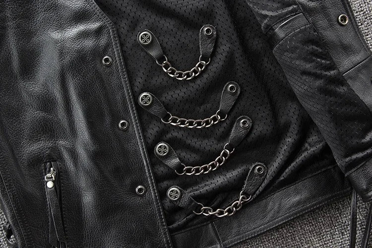 100% Genuine Men's Real Leather Bikers Vest With Chains | Bikers Leather Vest