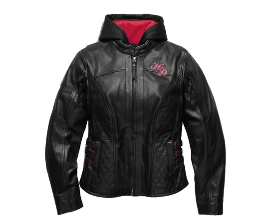 WoMen's Genuine Cowhide Leather Biker Hoodie | Handmade Skull Embroidery Coat  - Recreated