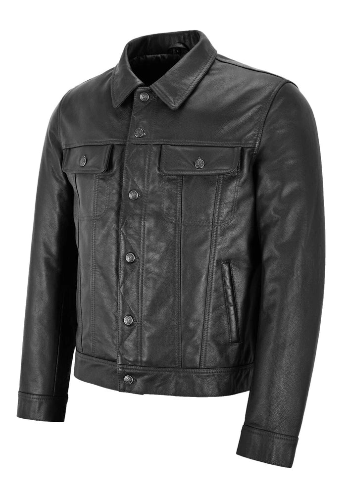 Men's Western Trucker Leather Jacket Black Cowhide Classic Leather Shirt Jacket