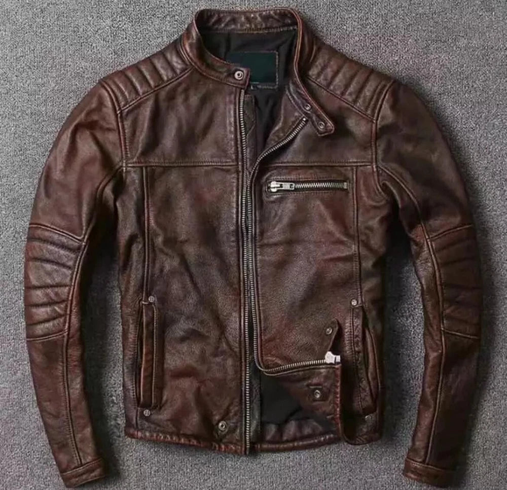 Men's Brown Leather Jacket - Genuine Cowhide Skin Cafe Racer Style - Treva