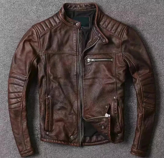 Men's Brown Leather Jacket - Genuine Cowhide Skin Cafe Racer Style - Treva
