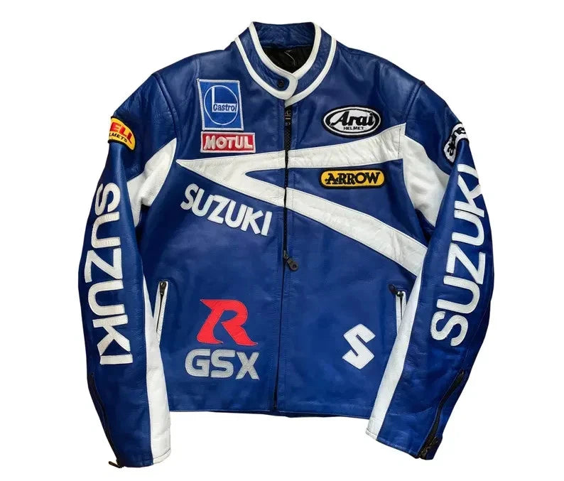 Blue & White Racing Style Leather Jacket |UNISEX| Motorcycle Biker Gear|Premium