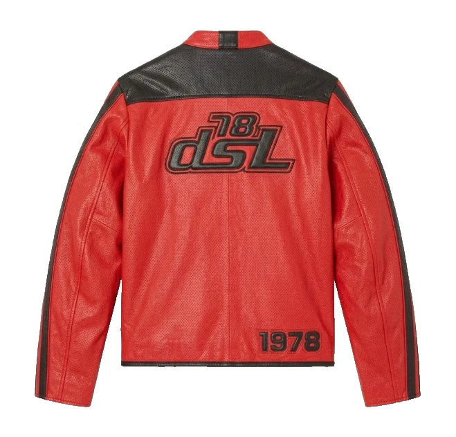 Red Perforated Leather Racing Jacket Men 1978 Moto Biker Cafe Racer Streetwear X