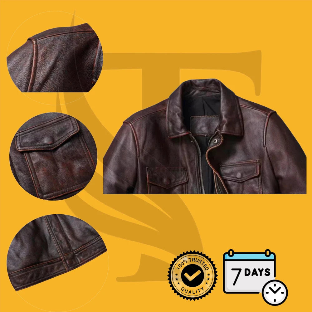 Mens Biker Leather Jacket Genuine Leather Zipped Motorcycle Style Leather Coat