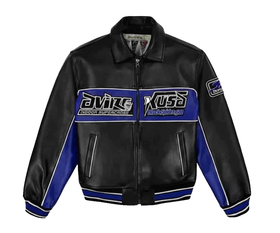 Men's Racing Style Leather Jacket | Handmade Biker Moto Bomber Coat Black Blue