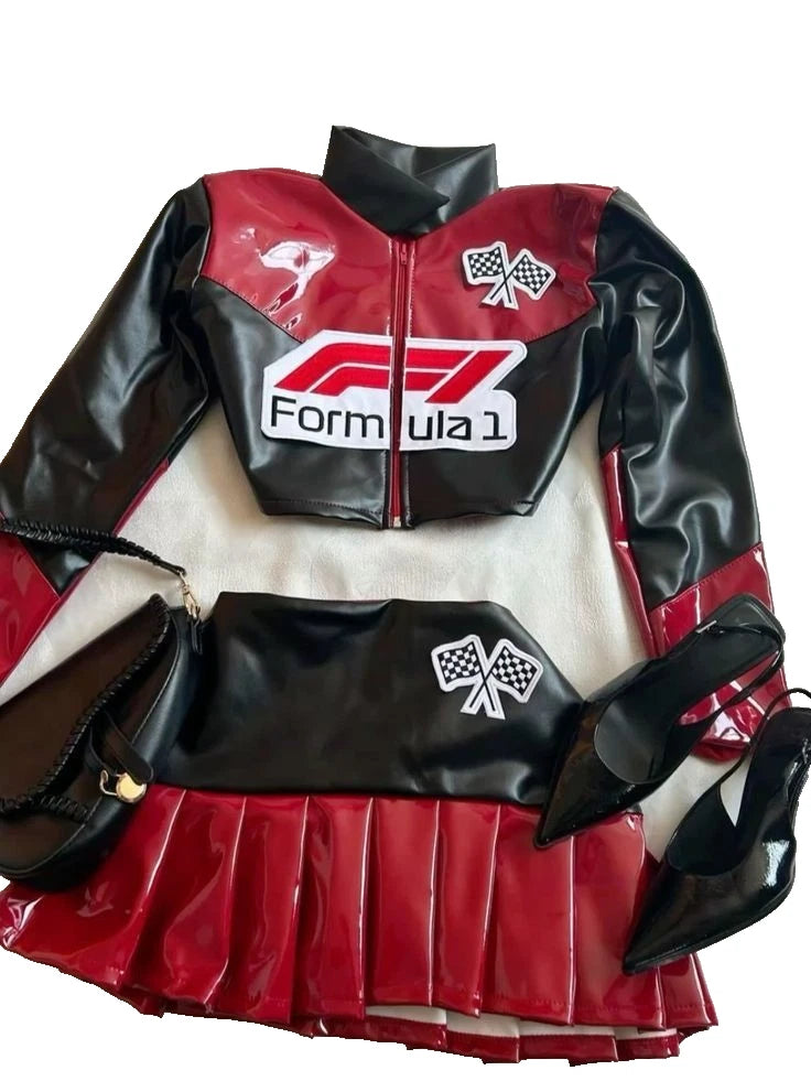 Formula 1 Inspired WoMen's Real Sheep Leather Outfit – Racer Girl Jacket & Skirt