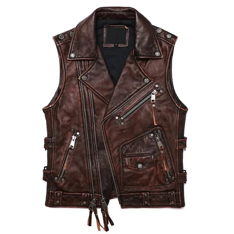Black/Brown Genuine Biker Leather Vest | Mens 100% Genuine Leather Biker Vest