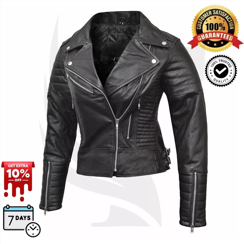 TREVA'S Women's Leather Motorcycle Jacket - Infinity Bikers Riding Jacket