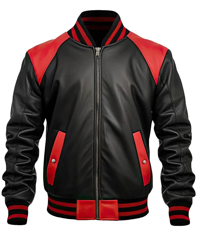 Men's Red and Black Leather Cowhide Jacket – Classic Sportswear – Real Leather