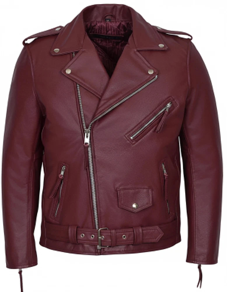 Men's Real Leather Jacket Cherry Red Biker Style COWHIDE LEATHER
