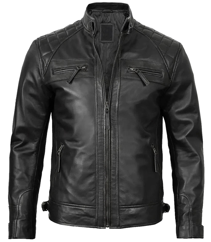 Genuine Real Black Leather Mens Biker Quilted Jacket Motorbike Slim Fit Coat New