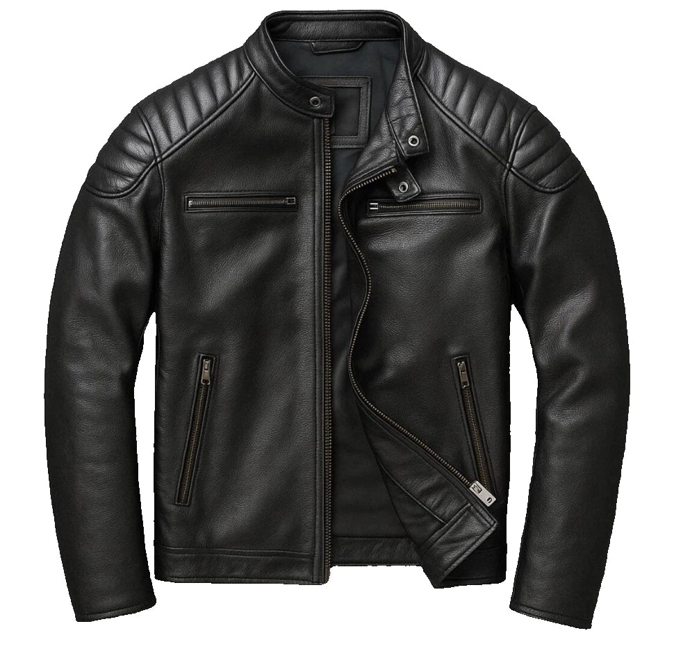 Men's Black Genuine Leather Biker Jacket – Quilted Shoulder & Elbow – Moto Style