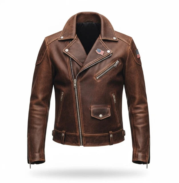 Men's Genuine Cowhide Leather Jacket - Handmade Brown Distressed Jacket - SOLID
