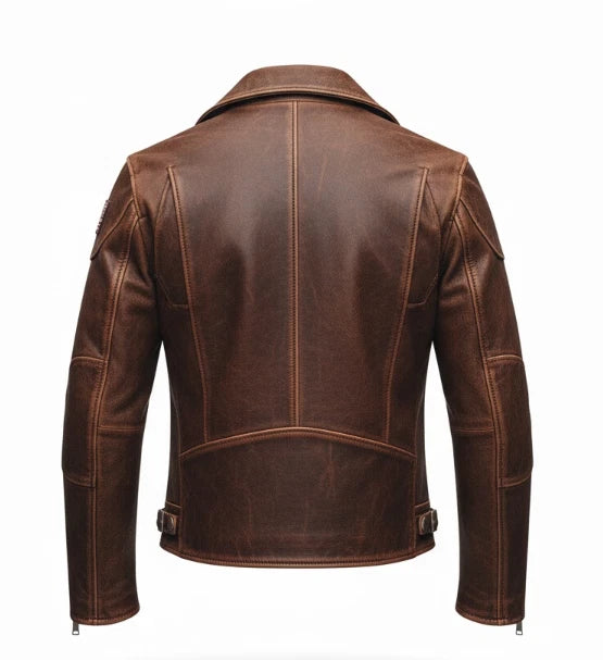 Men's Genuine Cowhide Leather Jacket - Handmade Brown Distressed Jacket - SOLID