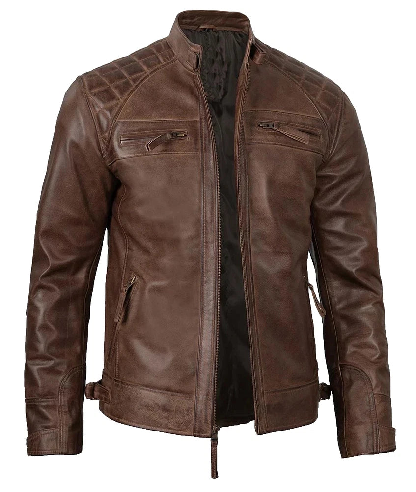 Genuine Real Black Leather Mens Biker Quilted Jacket Motorbike Slim Fit Coat New