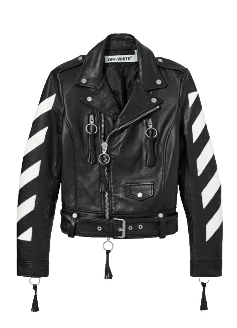 Off-White Style Leather Biker Jacket Black White Striped Moto Punk Rock