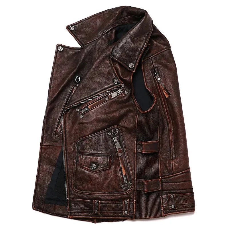 Black/Brown Genuine Biker Leather Vest | Mens 100% Genuine Leather Biker Vest