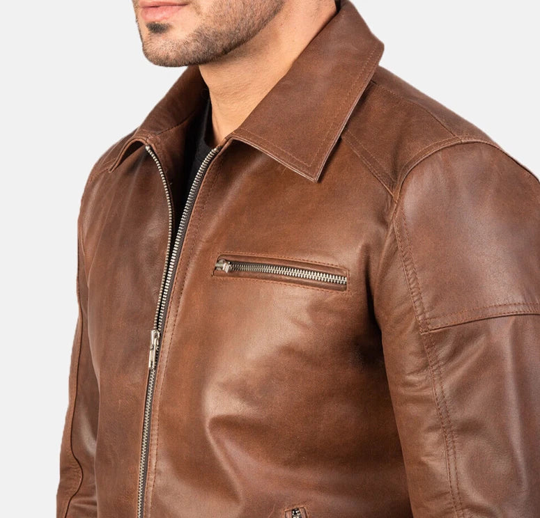HANDMADE MEN'S GENUINE COWHIDE SLIM FIT LEATHER JACKET - CLASSIC BROWN ANTIQUE