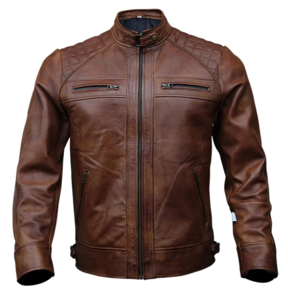 Café Racer Men Leather Jacket Black Brown Biker Genuine Sheep skin Leather