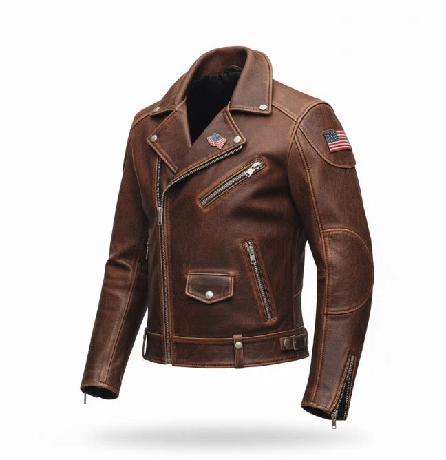 Men's Genuine Cowhide Leather Jacket - Handmade Brown Distressed Jacket - SOLID