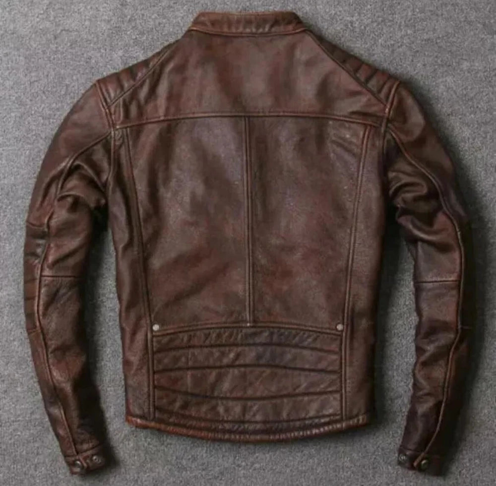 Men's Brown Leather Jacket - Genuine Cowhide Skin Cafe Racer Style - Treva