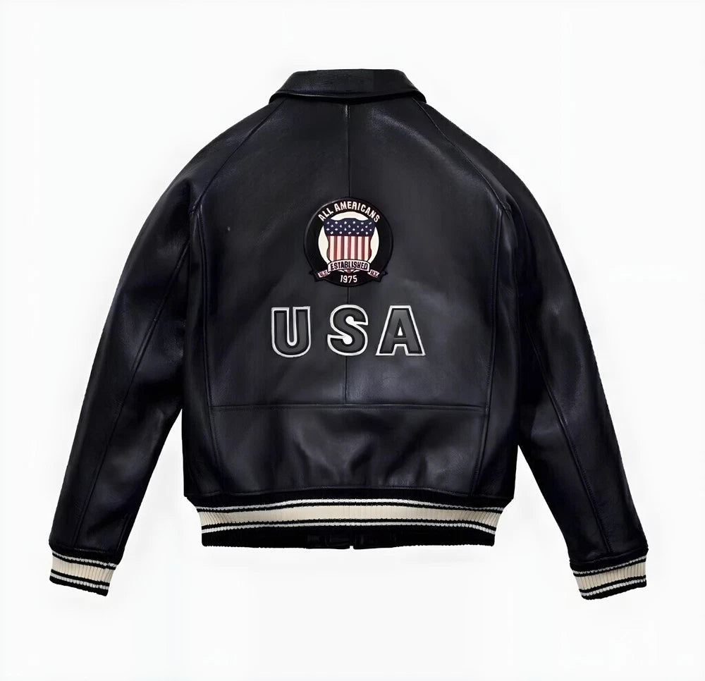Men's Black Real Cowhide Leather Bomber Jacket - American Flight Leather Jacket