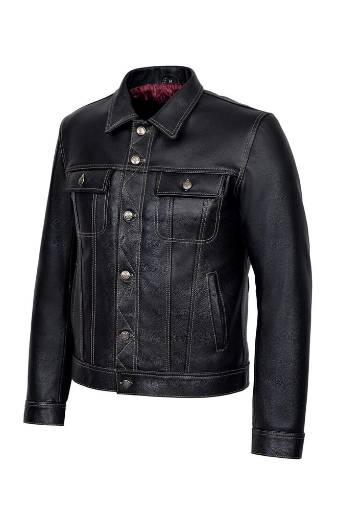 MEN'S TRUCKER LEATHER JACKET - BLACK CLASSIC SHIRT STYLE WESTERN COWHIDE LEATHER