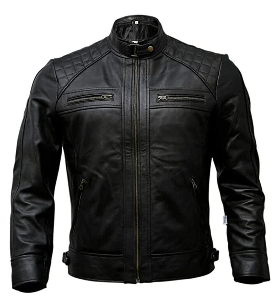 Café Racer Men Leather Jacket Black Brown Biker Genuine Sheep skin Leather