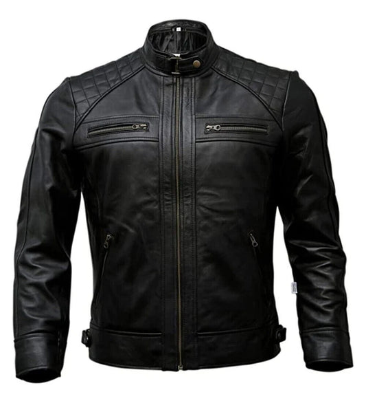 Café Racer Men Leather Jacket Black Brown Biker Genuine Sheep skin Leather