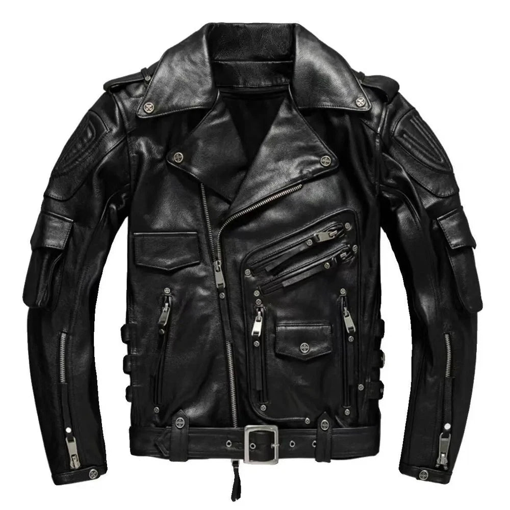 MEN'S GENUINE COWHIDE PREMIUM LEATHER MOTORCYCLE BIKER TOP LEATHER JACKET BROWN