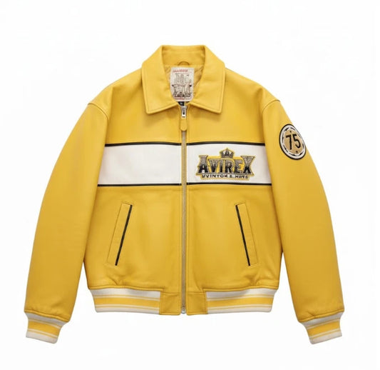 Handmade 75 Icon Racing Leather Jacket Yellow White Bomber Varsity Coat  - Recreated